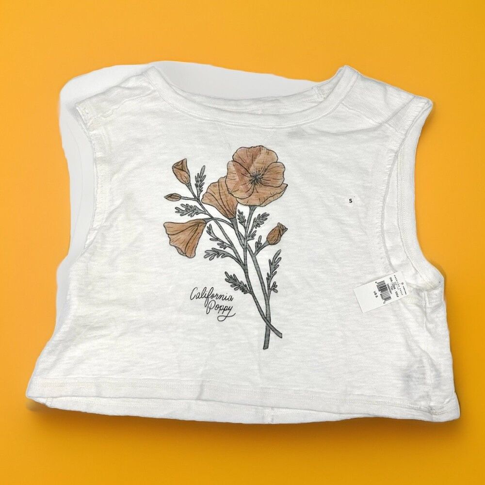 American Eagle White Ivory Graphic California Poppy Muscle Tee, Sz Small